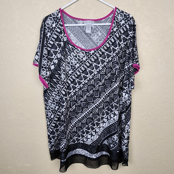 Catherines Black and White Geometric Print Sequin Top w/Pink Trim 1X (3097) - Picture 1 of 5